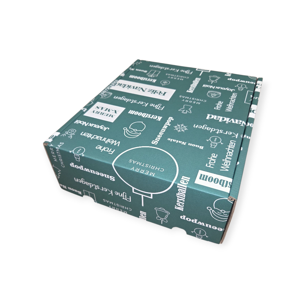 Kerstpostdoos tekst groen-wit | 350 x 270 x 105 mm