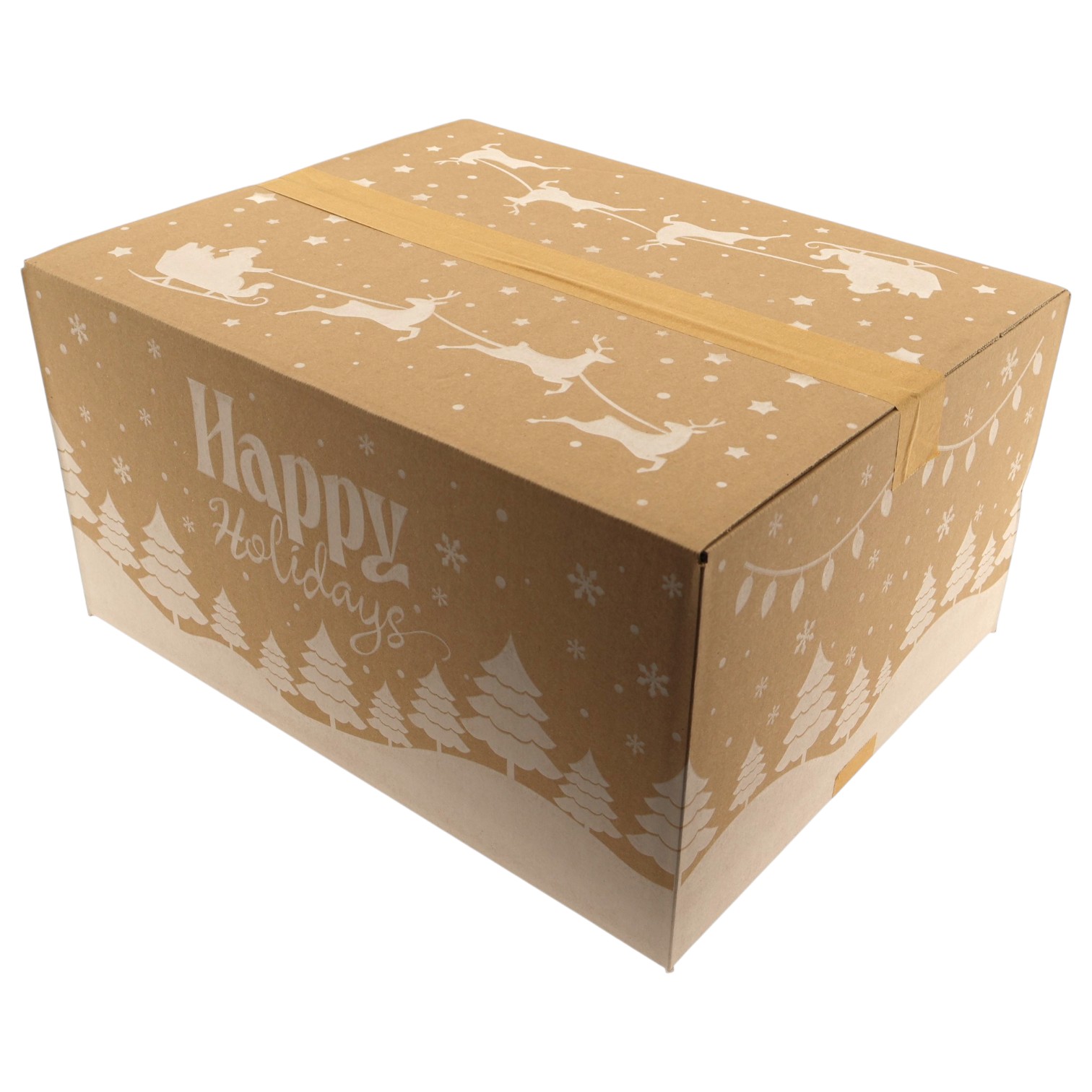 Kerstdoos Happy Holidays bruin-wit | 490 x 390 x 250 mm