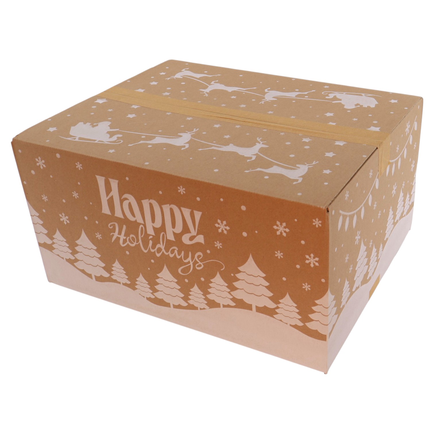 Kerstdoos Happy Holidays bruin-wit | 490 x 390 x 250 mm